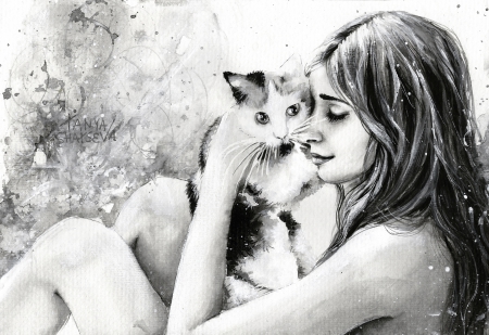 art - black, white, girl, love, art, creative, cat, animals