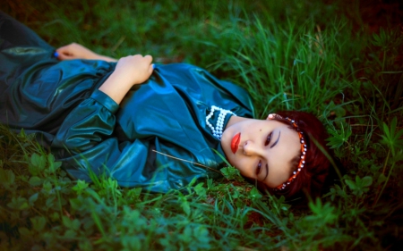 Beauty - face, beauty, lying, woman, grass