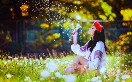 Happy day - woman, fields, daffodils, brunette, blow