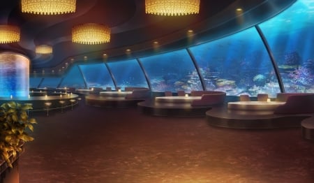 Aquarium Restaurant - pretty, anime, scenery, landscape, scene, light, ceiling, hd, nice, house, realistic, reef, beautiful, coralreef, table, aquarium, scenic, beauty, sweet, chair, cg, coral reef, 3d, fish, building, restaurant