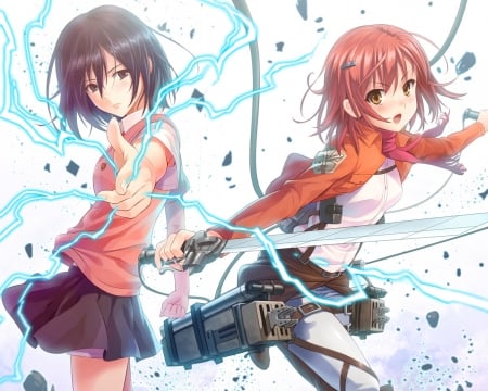 Mikasa vs Misaka - To Aru Majutsu no Index, female, thunder, weapon, mikasa, ackerman, mikoto, hot, sword, misaka, blade, angry, white, titan, cute, sexy, anime, warrior, To Aru Kagaku no Railgun, mad, imple, misaka mikoto, hort hair, plain, hd, lighting, attack on titan, anime girl, simple, brown hair, mikasa ackerman, sinister, black hair, railgun, crossover, Shingeki no Kyojin