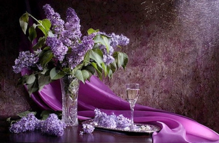 â™¥ lilacs and wine â™¥ - lilacs, flowers, still life, wine