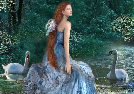 Woman and Swans - woman, swan, abstract, fantasy