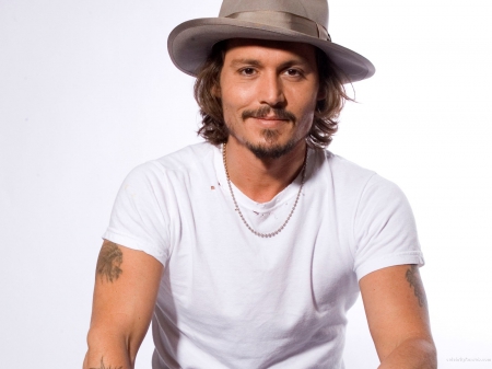 Johnny Depp - white, tattoo, hat, man, actor, smile, johnny depp