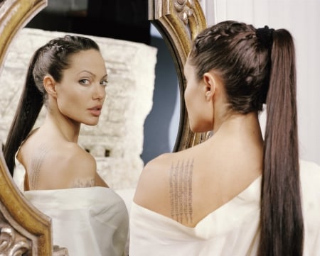 Angelina Jolie - mirror, beauty, model, actress, girl, white, tattoo, golden, angelina jolie, woman