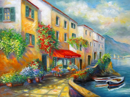 Street in Italy - pretty, summer, romantic, walk, shore, canal, nice, place, art, houses, sky, water, beautiful, lovely, dock, pier, village, street, boats, nature, Italy, painting, cottages, restaurant