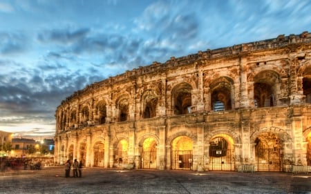 Amphitheatre In Nimes - clouds, beautiful, architecture, colorful, amphitheatre, lights, nimes, france, monuments, sky