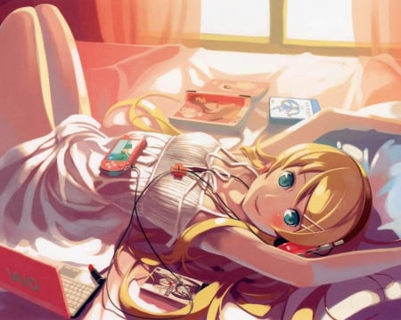 Kousaka-Kirino - bed, oreimo, room, blue eys, leying, art, kousaka-kirino, anime, video games, cute, lieing, dress