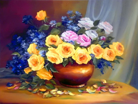 Still life - pretty, roses, yellow, room, cozy, home, leaves, flowers, scent, nice, vase, house, delicate, beautiful, fragrance, lovely, freshness, still life, petals, bouquet, colorful, tender