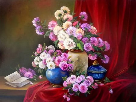 Still life - pretty, roses, book, room, home, leaves, nice, art, vase, house, delicate, beautiful, lovely, freshness, petals, colorful, nature, painting, tender