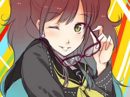 risette is here - rise kujikawa, persona 4, red glasses, pretty girl, colors, star idol