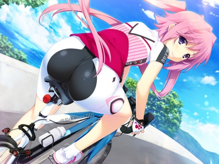 Bike Girl - Nirasaki Hinata - nirasaki hinata, lovely x cation, summer, beauty, game, anime, highschool girl, girl, bike