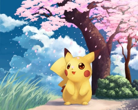 Pikachu - Anime, cherry tree, pokemon, pikachu