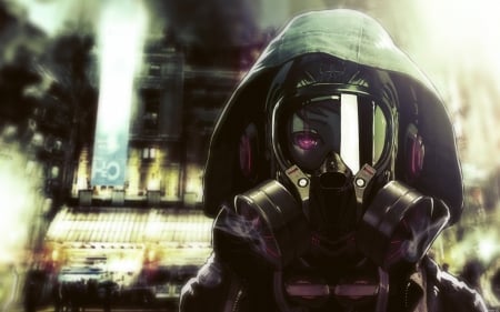 Gas Mask - red eyes, cool, headphones, artwork, city, gas, gas mask