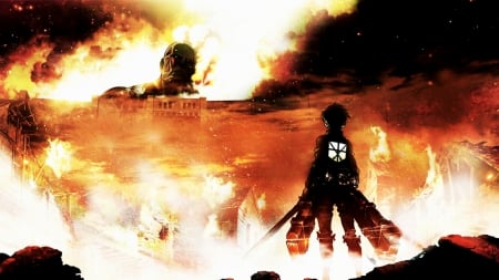 Shingeki No Kyojin - cool, sowrd, monster, anime, wallapaper, shingeki no kyojin, fire, standing in the fire