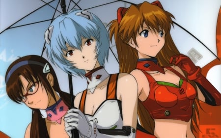 Evangelion girls - girls, pretty, evangelion, rei, umbrella, asuka