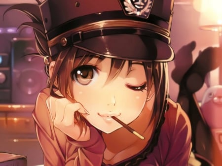 Cute Anime - gudge, girl, hat, anime, fingers, uniform, wink, cute