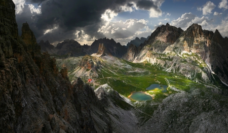 Dolomites - lakes, italy, clouds, water, skies, green, mountains, fantastic