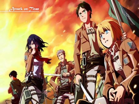 Attack on Titan - group, anime, titan, warrior, fight, mikasa