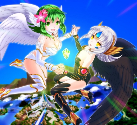 Gumi & Eve - girls, vocaloid, magic, wings, angel, crossover