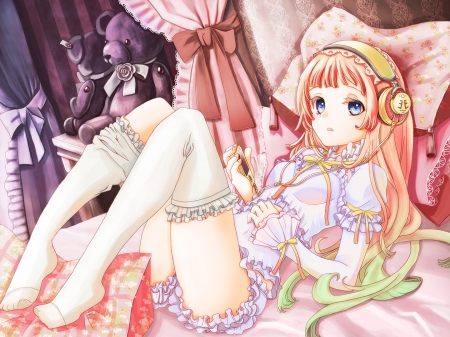 Listening to Music - bed, surpised, pillow, girl, curtains, pink hair, multipal color hair, headphones, anime, green hair, dress, radio