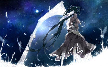 MIKU!! - gress, stars, wishing, night, windy, blowing, vocaloid, miku, dress