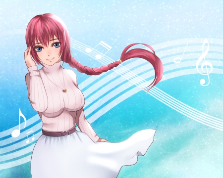 Beautiful Music - braid, long hair, pretty, musical notes, blue eyes, anime, girl