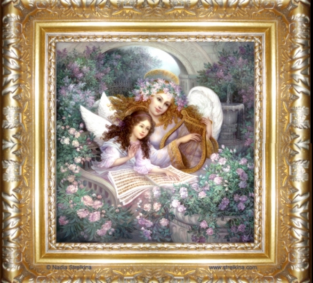 Angels - melody, harp, angels, notes, fantasy