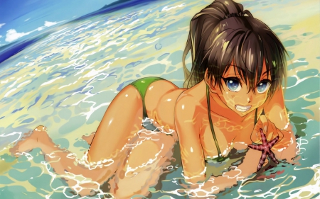 Anime girl with starfish - girl, Anime, summer, beach