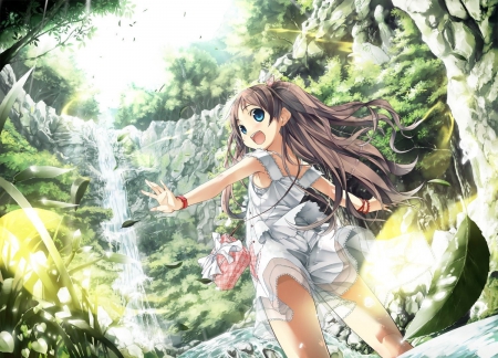 Anime nature - anime, water fall, girl, dress