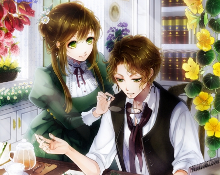 â™¡ Couple â™¡ - book, flower, glasses, lover, male, couple, sunglasses, shelf, bookshelf, love, brown hair, anime, lovely, female, romantic, guy, gown, cute, hot, girl, anime girl, floral, pretty, handsome, short hair, sweet, romance, dress, long hair, nice, sexy, yellow eyes, boy