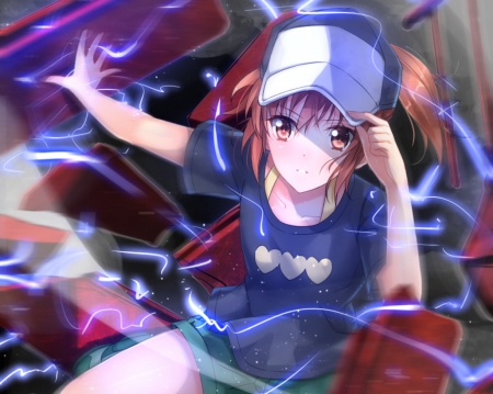 Misaka Mikoto - anime, magic, female, d, thunder, magical, short hair, misaka mikoto, hd, lighting, mikoto, brown eyes, anime girl, to aru kagaku no railgun, hot, girl, cap, brown hair, misaka, to aru majutsu no index, shirt, railgun, cute, sexy, mikoto misako