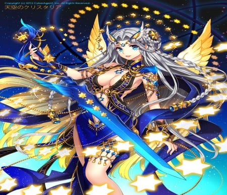 Star Power - space, sword, nardack, orginal, girl, wings, long hair, star, angel