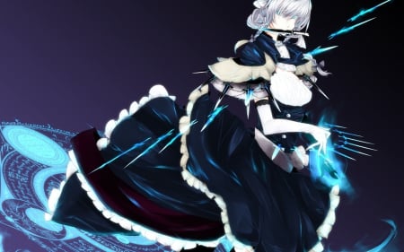 A Warrior Maid - warrior, blue, knives, dress, silver hiar, maid, Anime, white hair, power