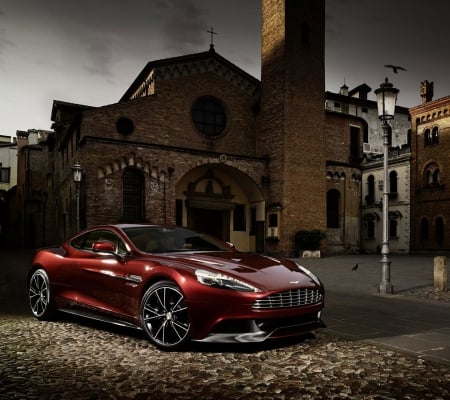 Red Aston Martin - cars, red, aston martin, church, photo