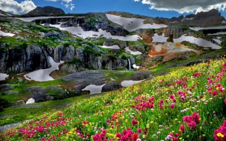 Beautiful mountain slope - nice, slope, sky, freshness, carpet, colorful, waterfall, rocks, pretty, cliffs, lake, mountain, lovely, nature, beautiful, delight, flowers