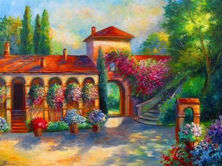 Winery in Tuscany - nice, trees, italy, tuscany, summer, lovely, painting, art, winery, beautiful, flowers