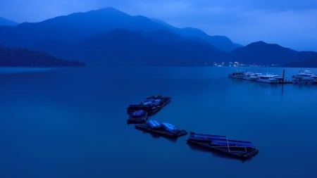 bay harbor at dusk - mountains, docks, bay, harbor, boats