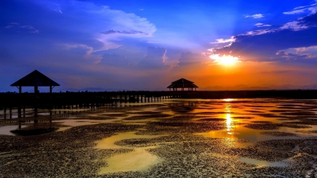 sunset on a pier at low tide - beach, pier, low tide, clouds, sunset