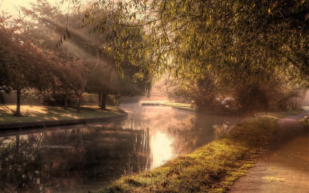 river in a park at morning mist - morning, trail, river, park, sun rays, mist