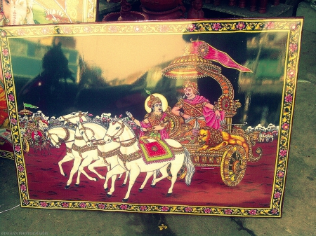 Mahabharata - chariot, wall mount, lord krishna, lord, art, horses, india, arjuna, hindu god, god, mahabharata, photography