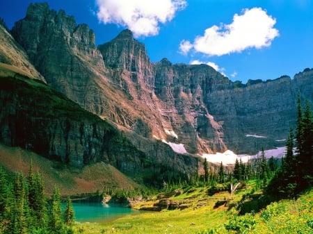 Glacier national park, Montana - pretty, summer, grass, mountain, shore, cliffs, lake, nice, emerald, sky, clouds, greenery, national park, mountainscape, water, beautiful, lovely, peaks, nature, green, glacier, park, rocks