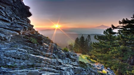 superb mountain landscape at sunset - rays, forest, hdr, sunset, mountains, rocks