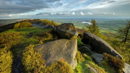 panoramic view of fields from on high - hill, rocks, clouds, view, fields