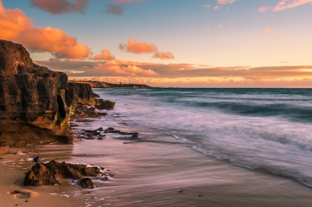 Sea - clouds, beach, sea, sunrise, ocean, nature, ocean waves, waves, sky