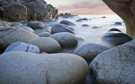 fantastic smooth boulders at seashore - sea, shore, boulders, mist