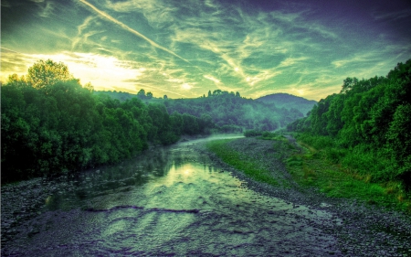 marvelous riverscape in green hue - forests, river, clouds, green, mountains, gravel