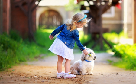 Pure Love - love, puppy, girl, dog, flowers