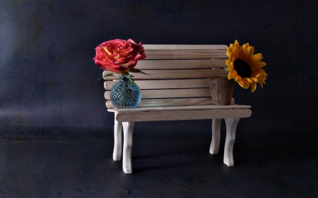 Still Life - bench, roses, rose, flowers, sunflowers, vases, still life