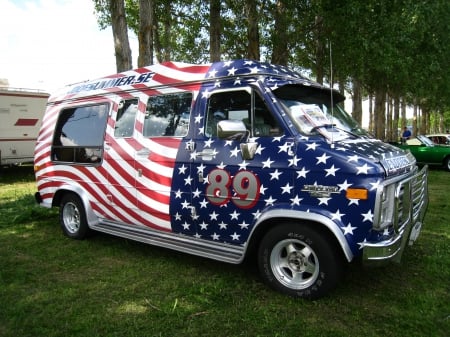 Power Meet Nossebro Sweden - trees, grass, colors, van, stars, chevrolet, car, show, stripes